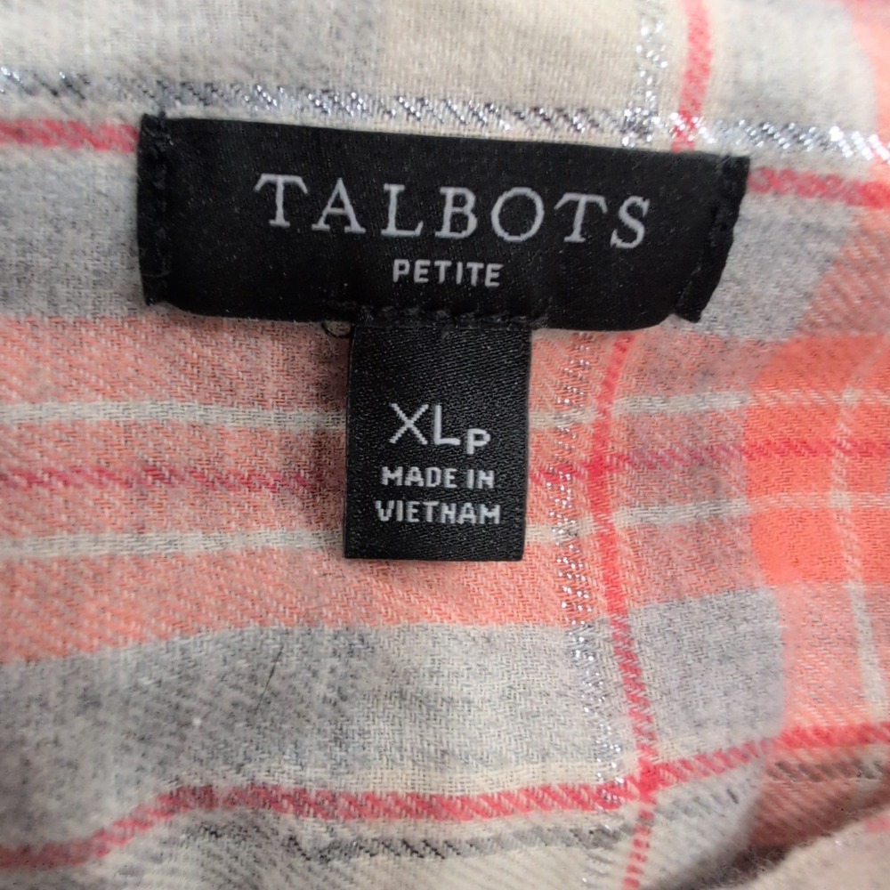 Talbots Petite Plaid Button Down Shirt Women's XL Coral Gray Metallic - Picture 2 of 4